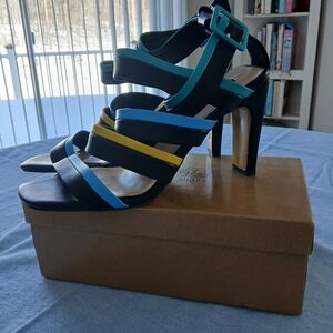 Elegant Strappy Heels in Black, Blue, and Yellow